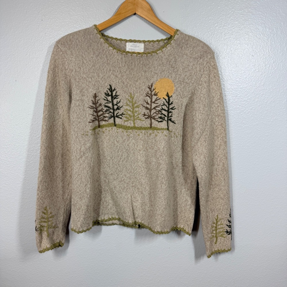 Christopher Banks Sweater Women S Tan Tree Embroidered Crew Neck Cotton Grandma